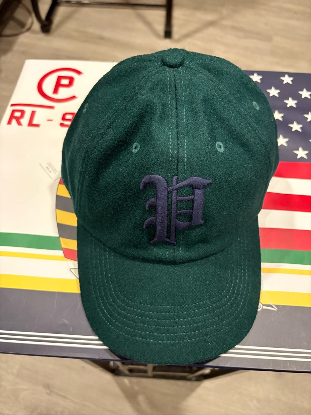 Polo Ralph Lauren Green Wool Baseball Cap with Purple Embroidered 'P' Wool NWT